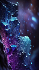 Lustrous pebble drops of vibrant blue and translucent amethyst geode rock, sticky dripping and melting textures, flowing fluid like crystals, bokeh blur background, macro closeup - generative AI.