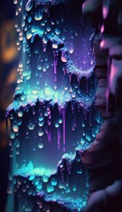 Lustrous pebble drops of vibrant blue and translucent amethyst geode rock, sticky dripping and melting textures, flowing fluid like crystals, bokeh blur background, macro closeup - generative AI.