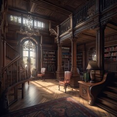 Ancient stately home interior with a beautiful library and club sofas, generative AI