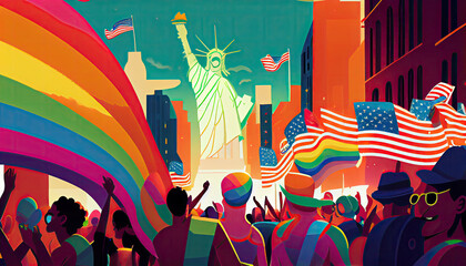 the statue of liberty in new york, ny with people waving rainbow - colored flags and an american flag behind. Generative AI