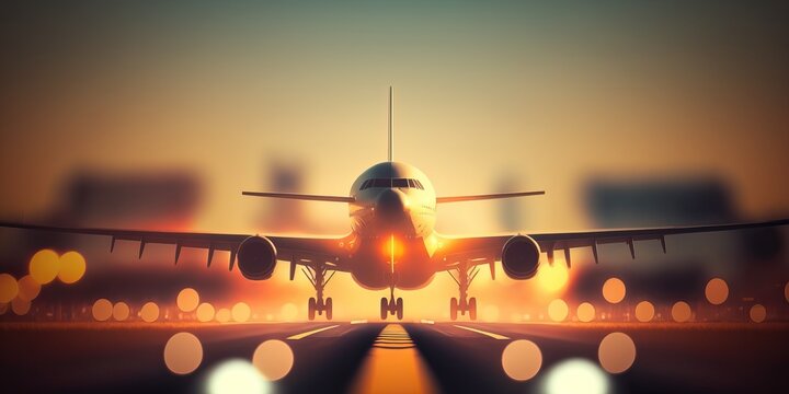 A landing airplane on runway in a golden light, generative ai