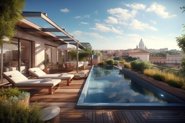 Fototapeta premium penthouse terrace with a swimming pool overlooking Rome, generative AI