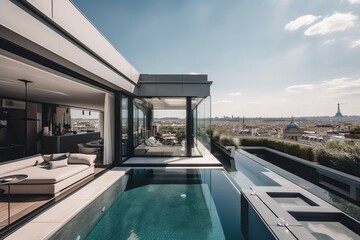 Fototapeta na wymiar penthouse terrace with a swimming pool overlooking Paris, generative AI