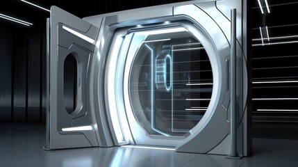 Futuristic interior with door. Generative AI
