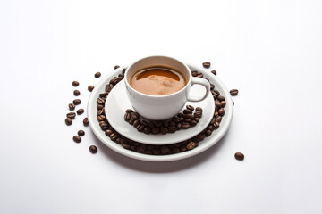 a cup of coffee with coffee beans around a saucer isolated on white background. Created with Generative AI Technology