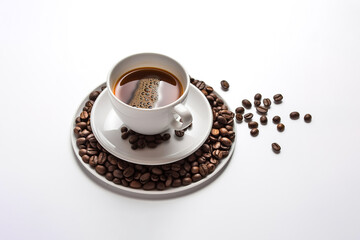 Fototapeta premium a cup of coffee with coffee beans around a saucer isolated on white background. Created with Generative AI Technology