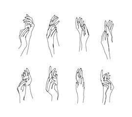 Beautiful hands of young woman, hands set, continuous line drawing, body care, manicure. Single line on a white background, isolated vector illustration. Tattoo, print and logo design.