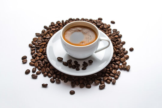a cup of coffee with coffee beans around a saucer isolated on white background. Created with Generative AI Technology © agungai