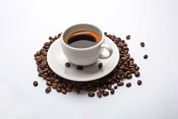 Fototapeta premium a cup of coffee with coffee beans around a saucer isolated on white background. Created with Generative AI Technology