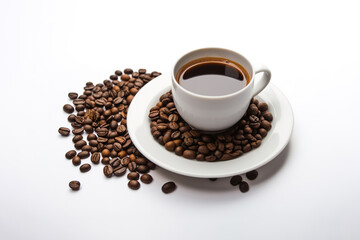 Fototapeta premium a cup of coffee with coffee beans around a saucer isolated on white background. Created with Generative AI Technology