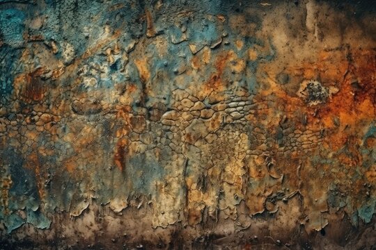 weathered and rusted wall covered in layers of chipped paint. Generative AI