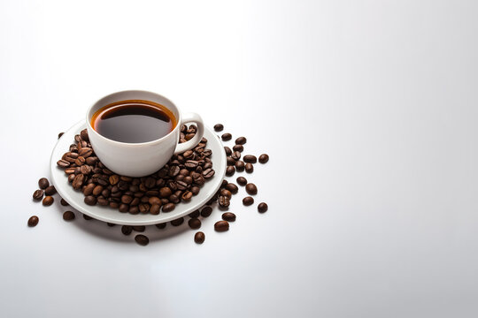 a cup of coffee with coffee beans around a saucer isolated on white background with copy space. Created with Generative AI Technology