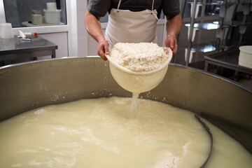 Cheese maker or worker taking curd from tank at cheese factory, closeup. Filtering fermentation milk.
