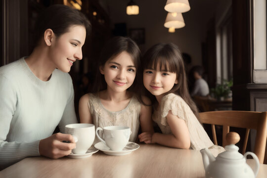 Happy young smiling family couple drinking coffee inside in a french cafe. Generative AI
