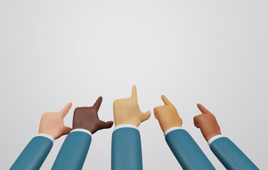 Group of businessmen pointing fingers forward in blank space pointing on white background.