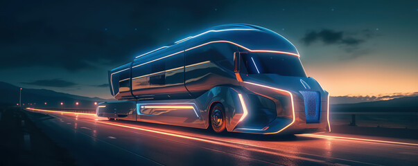 Futuristic transportation truck at ride on highway during sunset. Generative AI