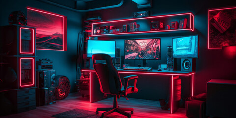 The ultimate gaming setup includes equipment and gear that is illuminated by red and blue light. - Generative AI