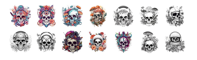 Fototapeta premium Mexican gothic skull with different attributes, flowers, headphones in a spacesuit illustration made using artificial intelligence