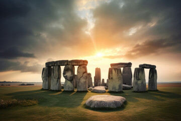 Stonehenge Circle of Stones with a Dramatic Sky Sunset behind it, generative AI