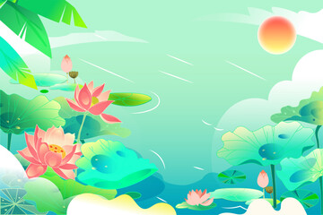 Fototapeta na wymiar Children sit by the lotus pond in summer and eat watermelon and look at the lotus flowers, the pond and lotus leaves are in the background, vector illustration