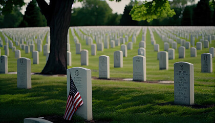 an american flag laying on the headstones of gravestones at arlington war cemetery in arlington, maryland, united states. Generative AI - obrazy, fototapety, plakaty