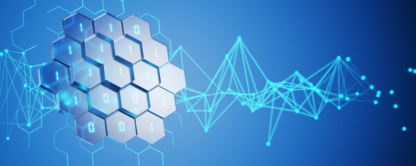 Concept of neural network, big data. Abstract background. Digital background. Technological background. Binary code on hexagons. 3D rendering.