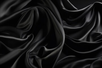 Obraz premium Black color silk textile background. Dark satin fabric texture. Luxury wavy backdrop. Generative AI