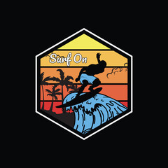Surf on text with the surfer and waves vector illustration. For t-shirt print and other uses.