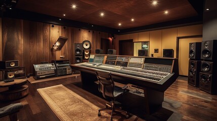 A fully equipped recording studio with a giant soundboard, audio hardware, speakers, monitors, and acoustically treated for optimal sound quality, generative ai