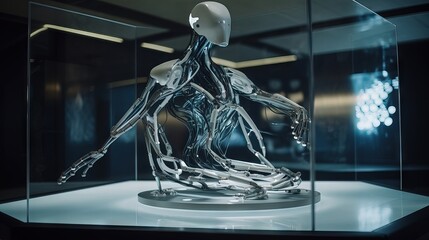 A towering, menacing steel robot on display in a gallery, boasting advanced technology and the capability to destroy entire cities. Its human-sized frame features a skeletal  structure, generative ai