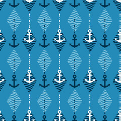 Fototapeta na wymiar Blue Ocean Ship Anchor Vector Graphic Seamless Pattern