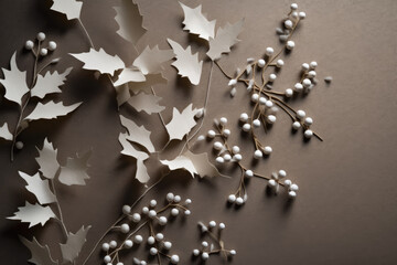 some white flowers and leaves on a brown background with space for text or an image to be used in this article. Generative AI