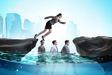Inequal competition concept with businesswoman walking on heads