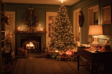 a living room with a christmas tree in the corner and presents on the floor next to the fireplace mantel. Generative AI