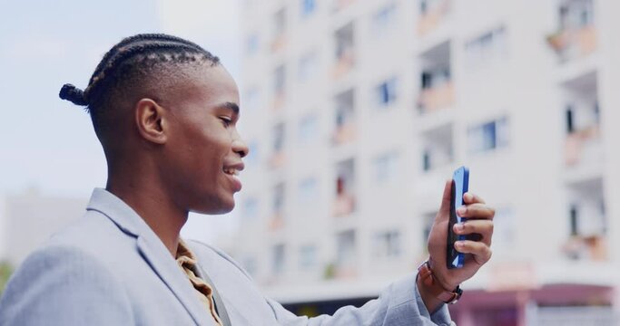 Video call communication, phone and black man networking, chat or consulting with business contact. Discussion, smartphone and city person, consultant or agent talking, speaking or in conversation