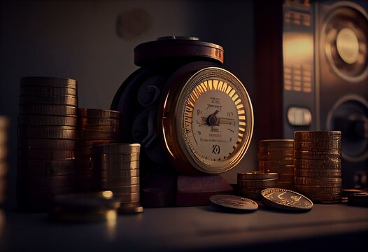 Stacks Of Gold Coins Around An Electric Meter. Illustration Of The Concept Of Increasing Household Energy Bills. Generative AI