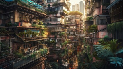 Fototapeta na wymiar 緑化した街並み　エコ　イメージイラスト　generative AI