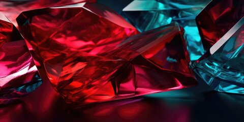 Exquisite ruby red glass sculpture, formed in flame, melted to a smooth sparkling and lustrous flowing curved shine, macro closeup with dark backdrop - generative AI.