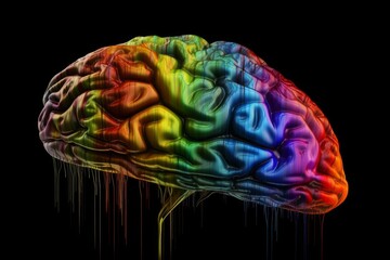 Illustration of a vibrant, multicolored brain against a dark background - LGBTQI+ Created with Generative AI technology