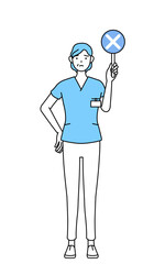 不正解を示す×の棒を持つ中年・シニア女性看護師、理学療法士、作業療法士、言語聴覚士、看護助手