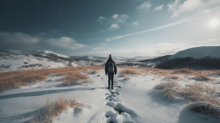 Hiker with backpack walking on snowy trail in winter mountains. Travel and adventure concept.Winter landscape.Generative Ai