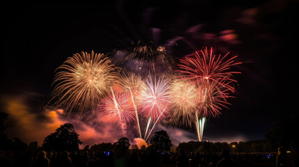 fireworks in the night sky with people watching and taking pictures on their cells as they watch them go by. Generative AI