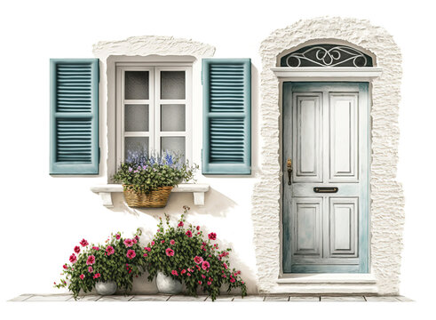 White house with blue door and shutters and pretty flower pots and window boxes.  AI generated background illustration in a detailed watercolor style