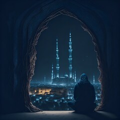 Eid, Ramadan, Mosque, Arabic Lantern, Celebration Background Illustration, Ai