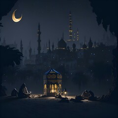 Eid, Ramadan, Mosque, Arabic Lantern, Celebration Background Illustration, Ai