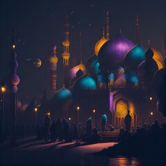 Eid, Ramadan, Mosque, Arabic Lantern, Celebration Background Illustration, Ai