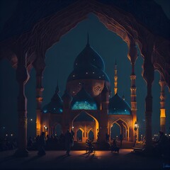 Eid, Ramadan, Mosque, Arabic Lantern, Celebration Background Illustration, Ai