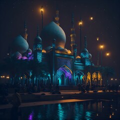 Eid, Ramadan, Mosque, Arabic Lantern, Celebration Background Illustration, Ai