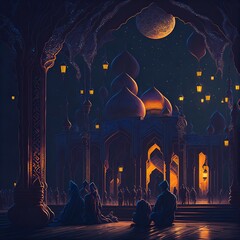 Eid, Ramadan, Mosque, Arabic Lantern, Celebration Background Illustration, Ai