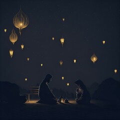 Eid, Ramadan, Mosque, Arabic Lantern, Celebration Background Illustration, Ai